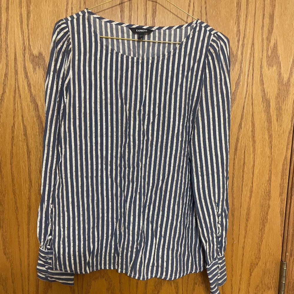Blue, gold, and white blouse